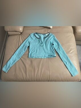 Urban Outfitters Light Blue Ribbed Long-Sleeve V-Notch Top